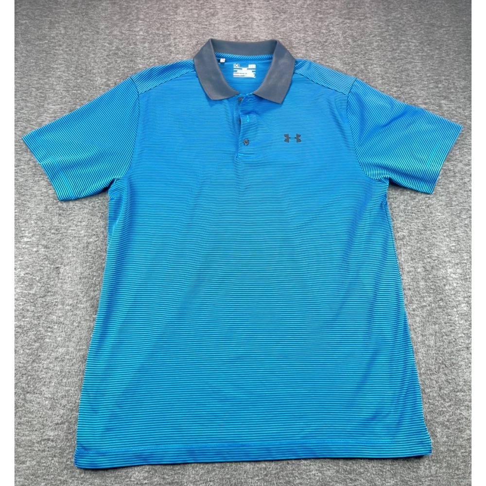 Under Armour Heatgear Polo Shirt Mens Large Blue Gray Striped Logo Loose Fit‎